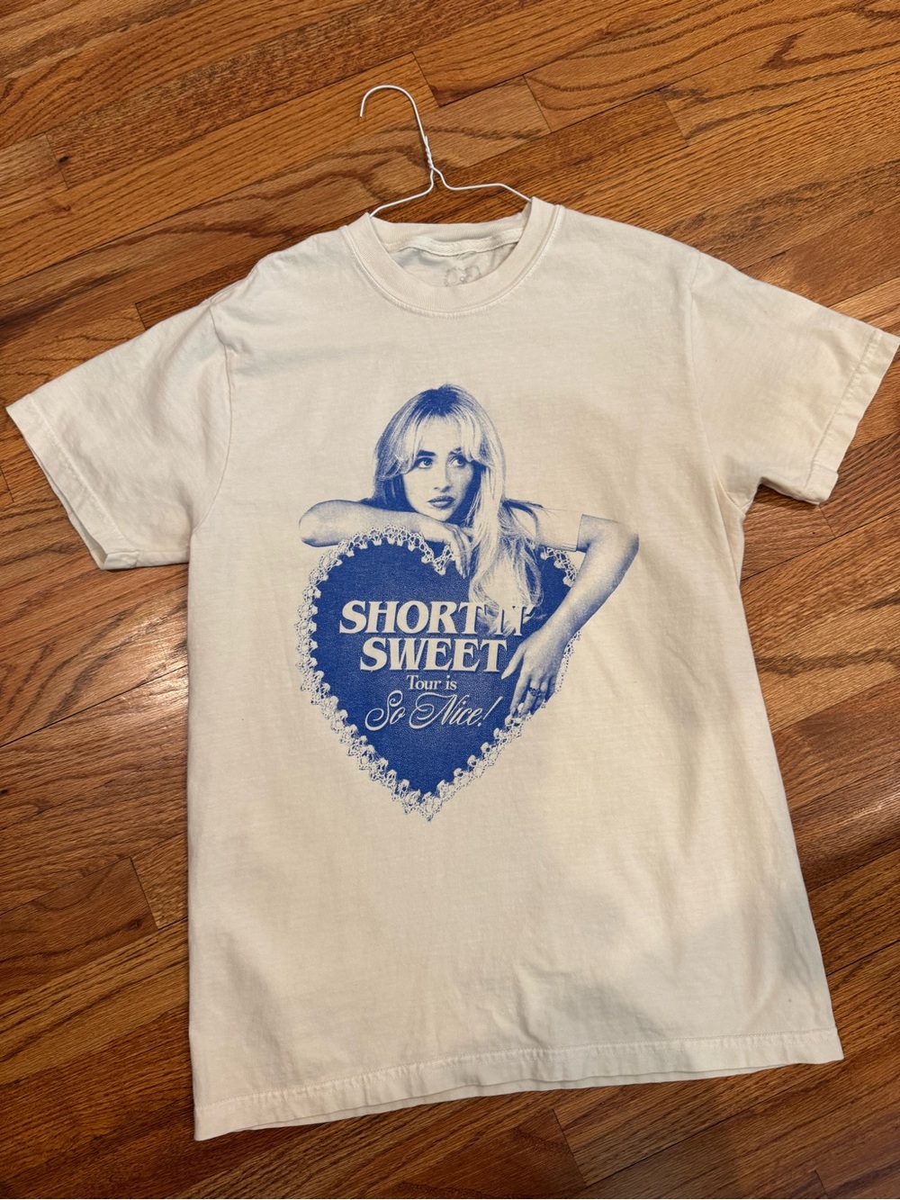 Sabrina Carpenter Short N Sweet Graphic Tee - White with Blue Heart Print